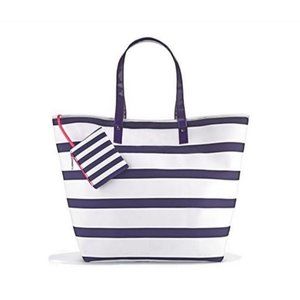 WHITE BLUE STRIPED TOTE BEACH GYM LAPT. HANDBAG W/ZIP POUCH ATTACHED NEW